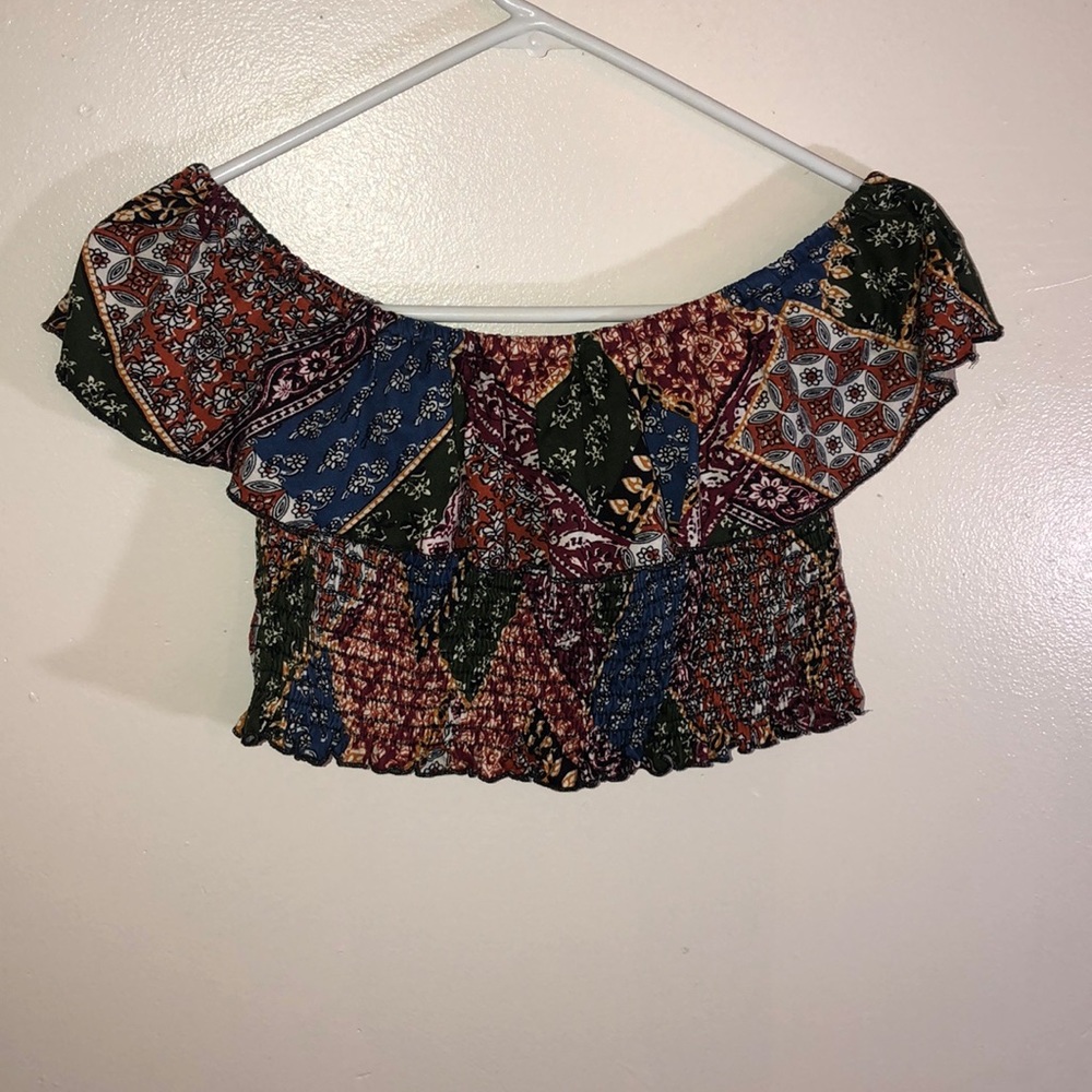 multi color off shoulder crop top